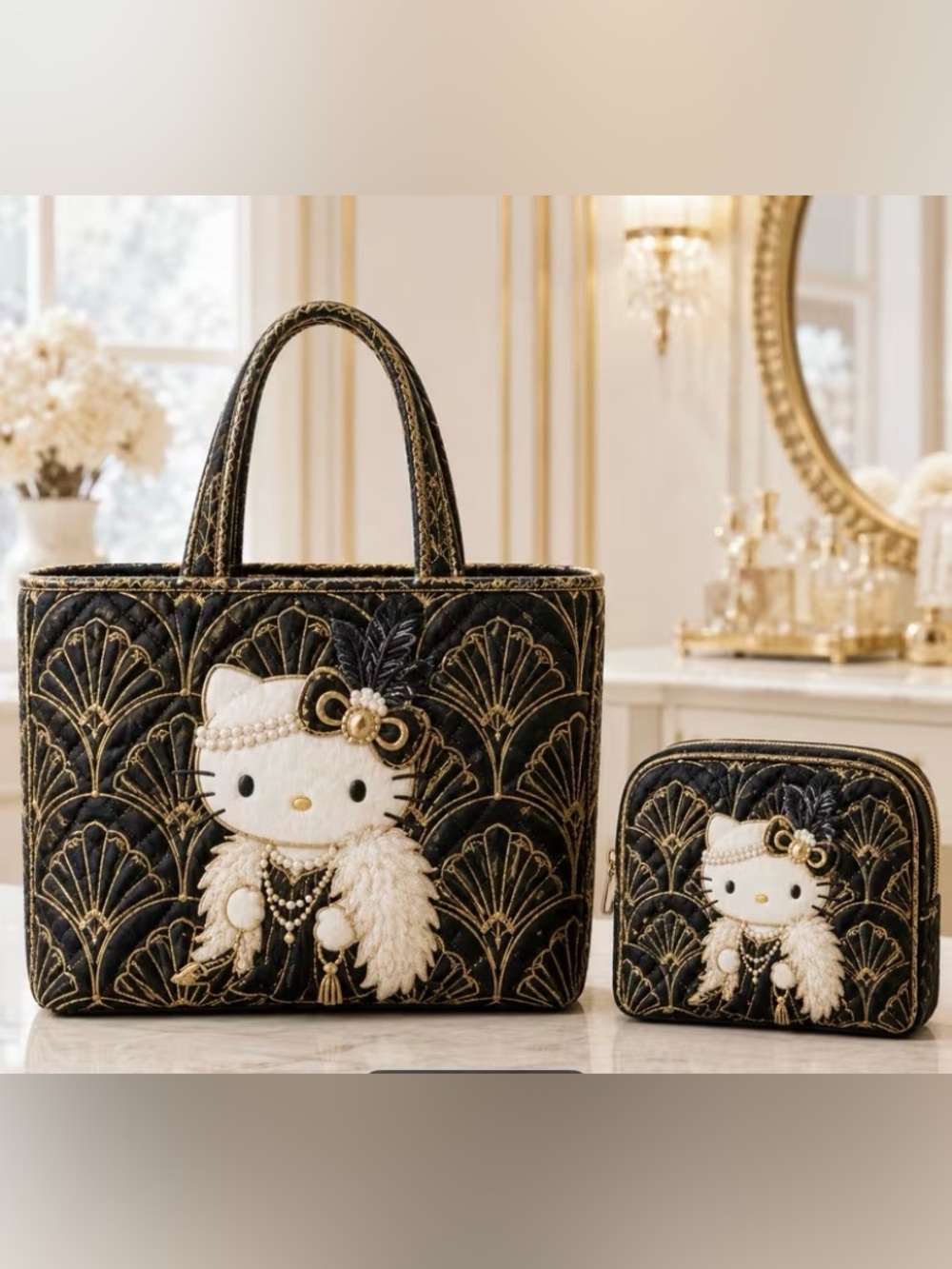 Hello Kitty Black & Gold Quilted Tote with Pearl Embellished Applique